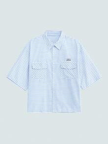 Men's Striped Single-Breasted Casual Versatile Daily Wear Short Sleeve Shirt - Blue and White - View 1