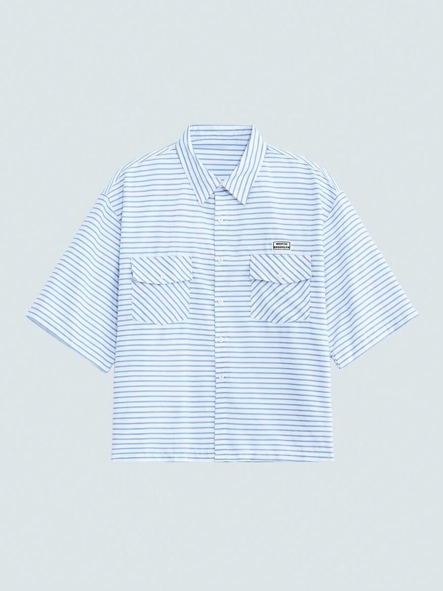 Men's Striped Single-Breasted Casual Versatile Daily Wear Short Sleeve Shirt - Blue and White - View 1