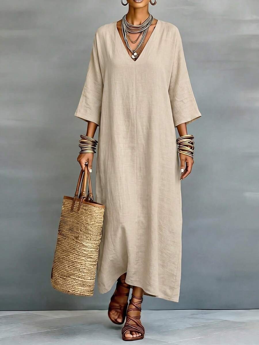 Wandoria Robe décontractée et élégante à col en V et ligne H pour femmes - Nude - Voir 1