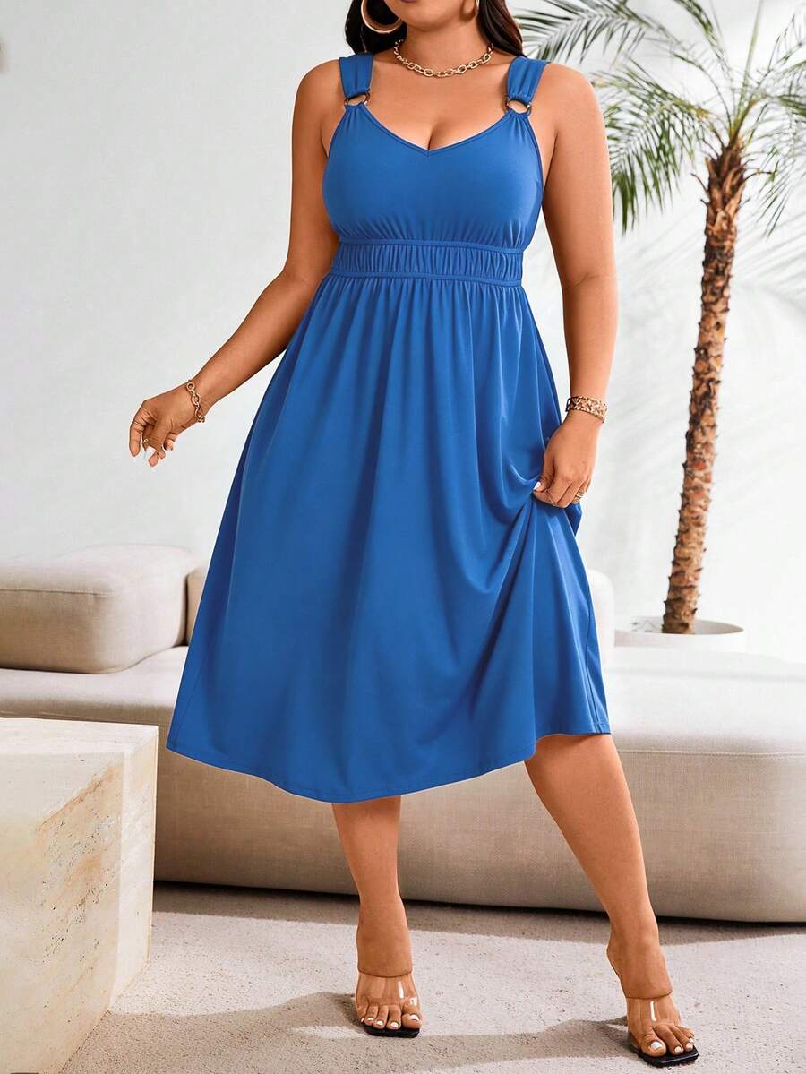 SHEIN Clasi 大码纯色褶皱休闲夏季连衣裙长款女装 - 霧霾藍 - 查看 1