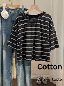 SHEIN PETITE CURVE 大码休闲短袖T恤，3D立体花卉刺绣，水洗棉，春夏宽松版型，半袖条纹上衣，休闲女式棉质上衣，女士衬衫，新款条纹T恤 - 黑與白 - 查看 4