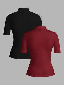 SHEIN EZwear 两件装休闲简约纯色黑红加大码女式高领短袖T恤，适合春夏穿着 - 彩色 - 查看 2