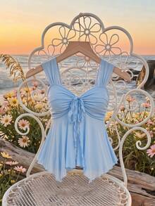 SHEIN MOD Plus Size Asymmetric Hem Mesh Blouse In Light Blue,Bow Tie Design,Summer Tropical Beach Holiday Outfit,Sweet Retro Style Top For Women - Baby Blue - View 2