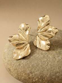Arave 1 par de pendientes metálicos de media luna ondulada con flores para mujeres, joyas para el oído de verano vintage, exageradas, europeas y americanas, regalo para niña - Amarillo Oro - Ver 1