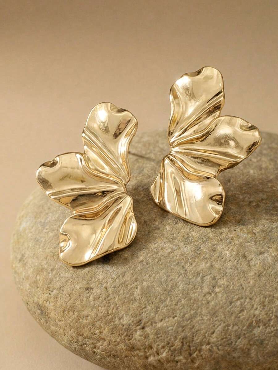 Arave 1 par de pendientes metálicos de media luna ondulada con flores para mujeres, joyas para el oído de verano vintage, exageradas, europeas y americanas, regalo para niña - Amarillo Oro - Ver 1