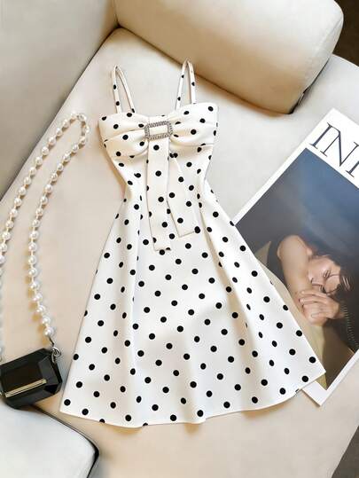 Franclia Đầm hai dây không tay in chấm bi đính sequin dành cho nữ, kiểu dáng thanh lịch, thích hợp cho kỳ nghỉ hè, đi biển, mặc thường ngày, màu trắng, sang trọng, trang phục đi nghỉ mát, mặc thường ngày.
