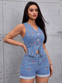 SHEIN ICON Áo vest denim nữ dáng casual, không co giãn, thêu hình quả anh đào, màu xanh nhạt. - Rửa nhẹ - Xem 3