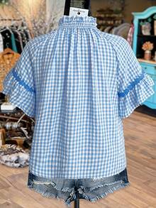 Linhara Plus Size V-Neck Gingham Blouse With Contrast Embroidered Trim And Ruffle Sleeves, Fresh French Style - Blue - View 2
