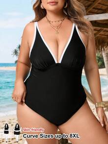 SHEIN CURVE+ Plus Size Women's Color Block Ruched One-Piece Swimsuit, Suitable For Beach Vacation, Pool Party Gym, Beach Party Summer - Black - View 1