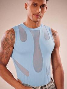 FeverCity Bodysuit Tanpa Lengan Seksi Pria dengan Motif Jala dan Patchwork - Biru - View 6