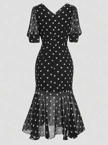 SHEIN Clasi Vestido de manga media con dobladillo de cola de pez a lunares negros y blancos talla grande para mujer - Negro - Ver 4