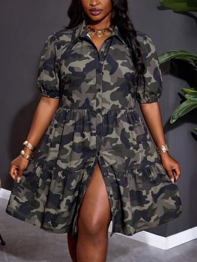 SHEIN CURVE+ Vestido camisero de manga corta abullonada con estampado floral y de leopardo, de moda, para mujer de talla grande, para festival de música, vacaciones en la playa, estilo bohemio