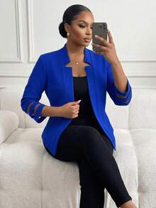 SHEIN Lady CURVE Áo blazer nữ cỡ lớn màu xanh hoàng gia, kiểu dáng thanh lịch, thoải mái, phối lưới, thích hợp cho mùa thu/đông/xuân. - Xanh đậm - Xem 3