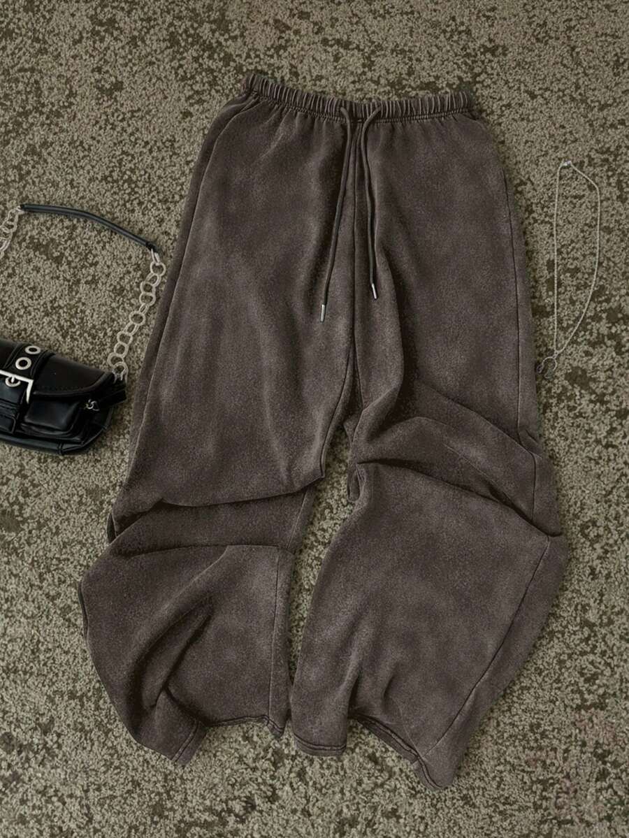 Attitoon Women's Casual Drawstring Waist Washed Cotton Pants, Minimalist Solid Color, Suitable For Daily Commute - Brown - View 1