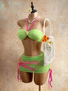 Mistrie Conjunto sexy de 3 piezas para mujer: Camiseta sin mangas con decoración metálica, Bragas de bikini con ribete contrastante, Falda de playa de malla con volantes y cordón, Conjunto de vacaciones de verano - Verde - Ver 6