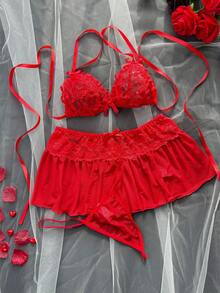 SHEIN 女士蕾丝性感内衣套装，饰有蝴蝶结，适合外出穿着 - 紅色 - 查看 6