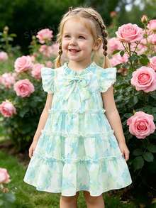 SHEIN Baby Girls' Fashionable Casual Floral Print Bow Decor Cake Dress, Suitable For Spring, Summer, Autumn, Home, Vacation, Festivals, Parties, Daily Wear - Multicolor - View 6