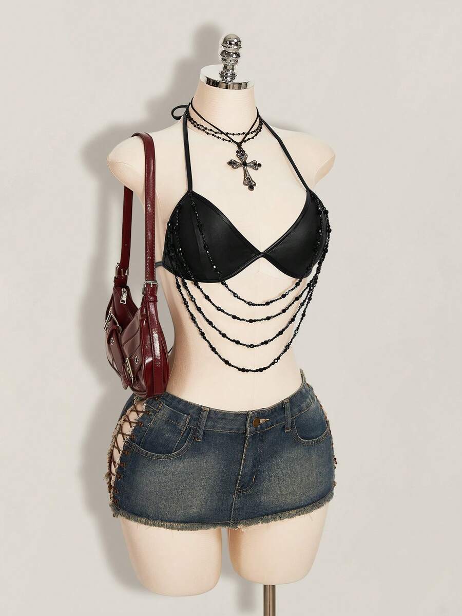 SHEIN ICON 女士露背系带休闲百搭上衣 - 黑色 - 查看 1