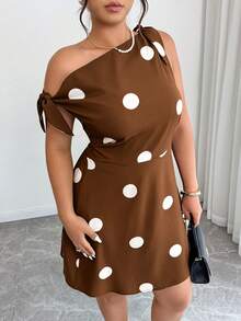 Vestido de línea A con diseño de lazo y lunares, cintura ceñida y bajo asimétrico para mujer de talla grande - Multicolor 2 - Ver 3