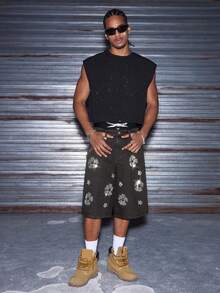 AXEPEAK Men's Washed Rhinestone Embellished Casual Shorts - Black - View 3