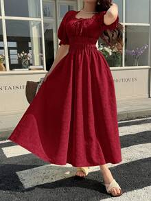 Feyla Women's Solid Color Square Neck Ruched Bust Elegant Mid-Length Dress - Burgundy - View 4