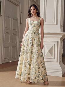 Anewsta Elegante vestido retro francés con cintura ceñida y estampado floral para mujeres - Amarillo - Ver 4