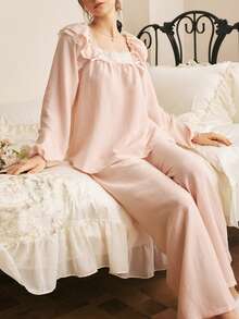 Côtesoire Romantic Fresh Elegant Contrast Color Lace Patchwork Ruffle Hem Palace Style Simple Women Pajama Set - Baby Pink - View 4
