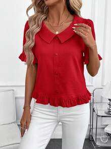 SHEIN Clasi Áo nữ tay ngắn, màu trơn, cài cúc phía trước, kiểu dáng thường ngày, thích hợp mặc đi chơi, trang phục mùa hè cho nữ. - Đỏ - Xem 6