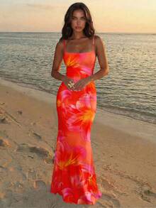 Aloruh Women's Elegant Floral Print Backless Halter Dress - Multicolor - View 2