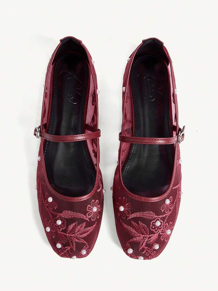 CUCCOO CHICEST Women Shoes Four Seasons New Embroidery Faux Pearl Low Vamp Square Toe Flat Sole Shoes Elegant Elegant Fashion Mesh Women's Flat Shoes Soft Sole Ballet Shoes Elegant Commuter Mary Jane Shoes Wedding Shoes Spring Shoes Bride Shoes