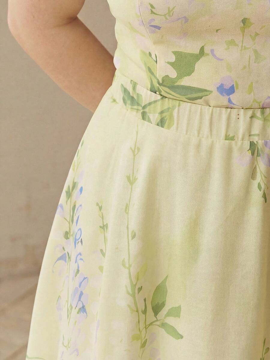 MOTF PREMIUM PLUS SIZE WOMEN'S HOLIDAY FLORAL PRINTED LINEN-LOOK SKIRT EVENING TEA PARTY YELLOW SUMMER ELEGANT - Green - View 2