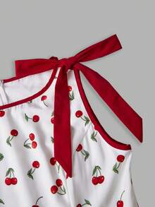 Vestido casual caqui con cuello redondo, sin mangas, con ribete de contraste, decoración de lazo en la cintura y bajo acampanado - Rojo y blanco - Ver 4