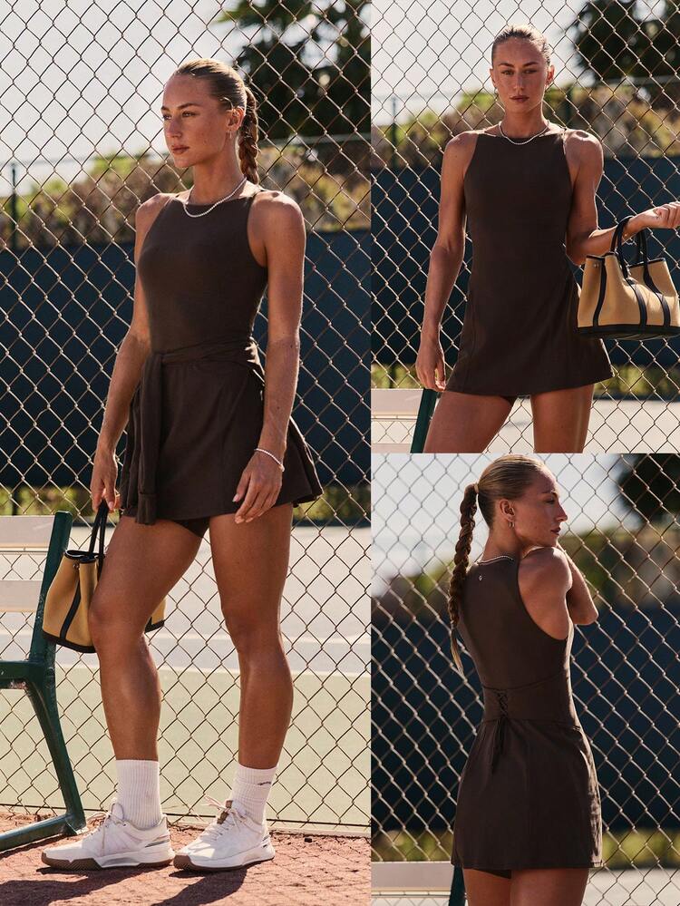 Sporty Knit Sunshine Ready Removable Cups Pockets Back Drawstring Waist Boatneck Strapless Tennis Dress With Anti-Slip Built-In Shorts Tennis Golf Pickleball Daily Casual Wear