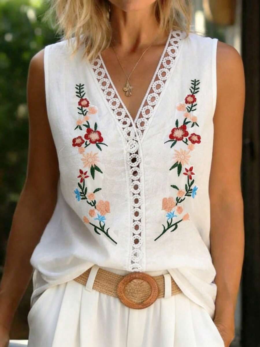 Zayélia Áo sơ mi nữ không tay in hoa, kiểu dáng thường ngày, thích hợp cho kỳ nghỉ xuân/hè. - trắng - Xem 1