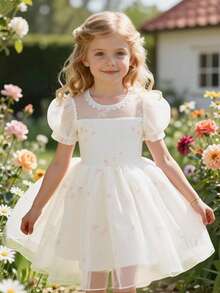 SHEIN Glamorique Kids Toddler Girls' Princess Dress, White Mesh 3D Floral Skirt, Ruffle, Puff Sleeve, Flower Girl, Birthday Party Flower Girl Holiday, Wedding Wedding Formal Dress, Cute, Lovely Floral Dress, European And American Style Summer Elegant - White - View 1