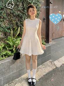 DAZY 女士圆领纹理韩版优雅无袖碎花迷你连衣裙，适合派对/生日等场合，女士连衣裙 - 杏色 - 查看 3