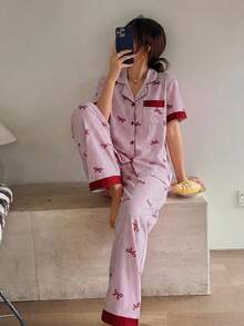 Napfluff Contrast Color Bow Striped Print Lapel Red Button Short Sleeve Top And Pants Sleepwear Set, Pink Striped Bow Print PJS, Suitable For Home Wear - Hot Pink - View 6