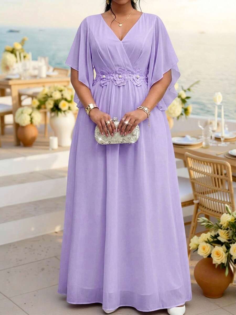 Fleurora Plus Size Lavender V Neck Butterfly Sleeve Maxi Dress For Wedding Guest Elegant Formal - Mauve Purple - View 1