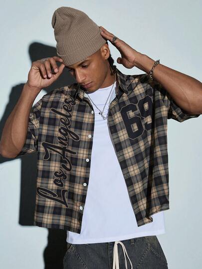 Modcrash Men's Loose Brown & Black Plaid Short Sleeve Shirt With Los Angeles And 69 Graphic Print