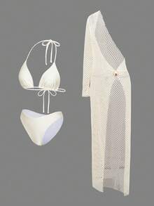 Swim Oasis 2026 New Summer Holiday Party Vacation Dress For Women White Halter Spaghetti Strap Sexy Beach Resort Wedding Evening Bikini 3-Piece Set - Apricot - View 4