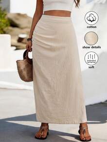 Women's Casual, Vacation, Daily, Commuting Minimalist Solid Color Pleated Bodycon Skirt, Suitable For Spring, Summer, Autumn - Apricot - View 1