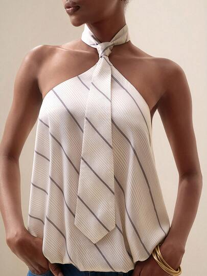 Briarwyn 女士性感休闲度假撞色条纹印花露背吊带上衣