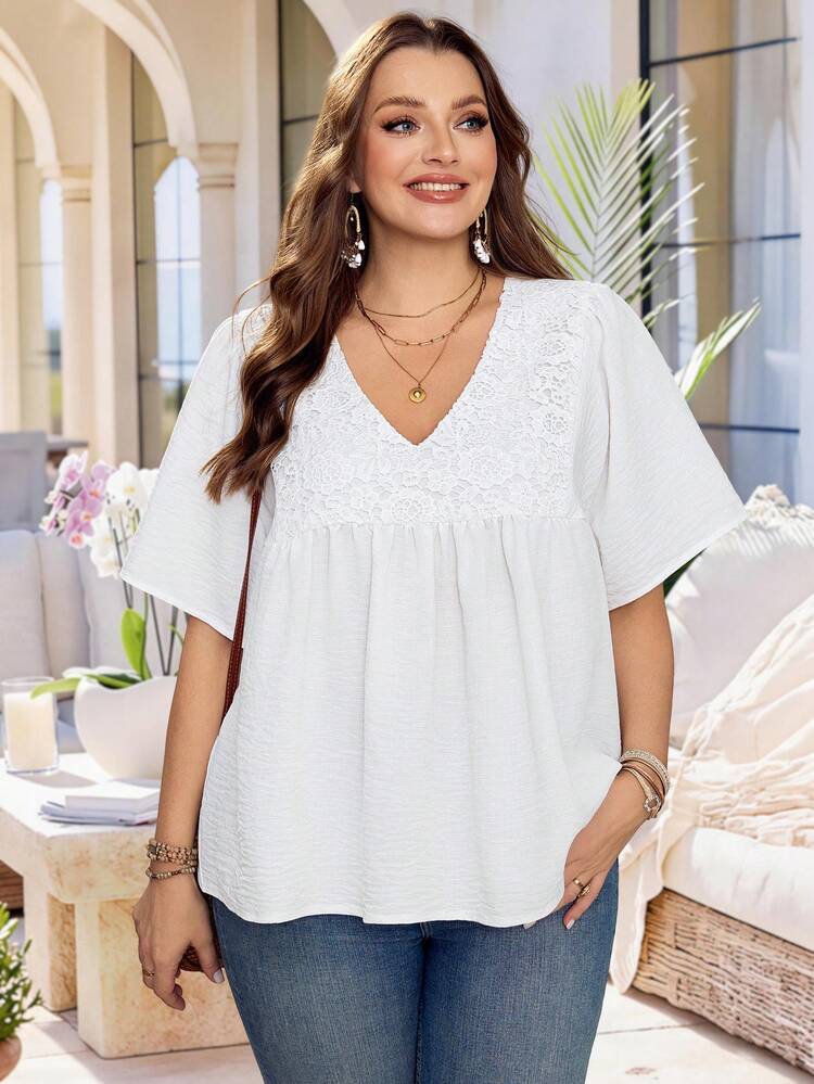 Plus Size Women's Summer Casual Vacation Country Loose V-Neck Lace Patchwork Solid Color White Blouse Top Shirt,Suitable For Summer Vacation,Casual Holiday Style,Summer Outfits For Women ,Vacation Outfits Women ,Holiday Outfits For Women,Going Out Outfits, New Clothes,Simple And Fashionable For Everyday Wear,Suitable For Summer, Vacation, Daily Wear, Festival Outfits For Women,Country Concert Outfit,Beach Outfits For Women,Western Style,Gifts For Mother,Boho Top, Latest Tops For Women New Arrivals