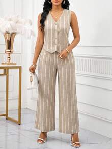 SHEIN Lady 女士休闲条纹纽扣前开襟背心和裤子两件套，夏季 - 棕色 - 查看 7