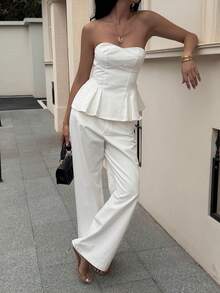 DAZY Bộ đồ nữ mùa hè kiểu dáng thường ngày gồm áo ống xếp ly viền và quần jeans ống loe. - trắng - Xem 6