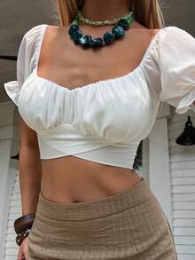 DAZY Áo croptop tay bồng thanh lịch, lãng mạn dành cho nữ, thích hợp cho mùa xuân và mùa hè. - trắng - Xem 5