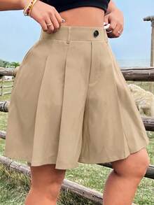 Ceyna Quần short dài màu đen trơn, thanh lịch, tối giản dành cho nữ, cỡ lớn. - Màu Khaki - Xem 5