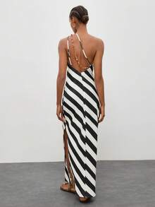 Maija Women's Sexy Contrast Stripe Print Backless Dress, Suitable For Beach, Vacation,Dresses For Women Summer - Black and White - View 4