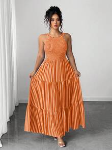 SHEIN Elenzya Đầm cổ yếm kẻ sọc dọc, thắt eo dành cho nữ cỡ lớn - trái cam - Xem 3