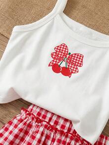 SHEIN LMoss Kids 女童 2 件組 紅白拼接草莓圖案細肩帶上衣與草莓印花短褲 夏季度假可愛套裝 - 彩色 - 查看 6